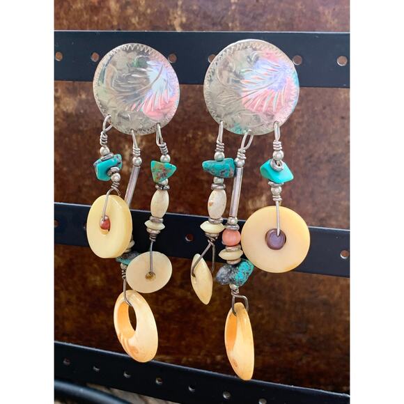 Native Sterling Silver, Bone and Stone Dangle Earrings Vintage - Picture 2 of 5